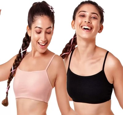 texello Pack of 2 Women Non Padded fully stretchable High Coverage Bra (Multicolor) Women Sports Non Padded Bra(Black, Pink)