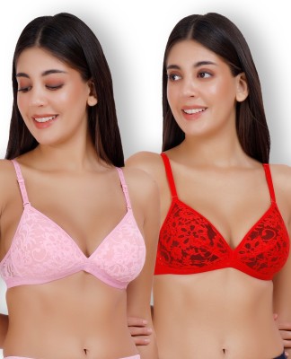 Selfcare Womens Net Half Coverage Plunge Bra Women Plunge Lightly Padded Bra(Pink, Red)