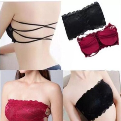 FLYFASHIon Net lace cross bra Girls Bandeau/Tube Lightly Padded Bra(Red, Black)