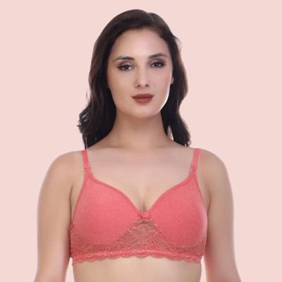 ellevia Lightly Padded Non-Wired Lace Bra for Women | Cotton Blend Women Everyday Lightly Padded Bra(Pink)