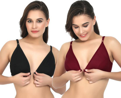 Desiprime Stylish B Cup Front Open Bra Set of 2 Women Plunge Non Padded Bra(Black, Maroon)