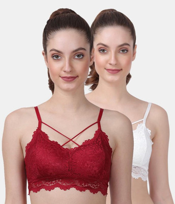 Restore Fashion Stylish Lace Bralette for Women Padded,Wire Free,Comfortable Fit Perfect Bra Women Bralette Lightly Padded Bra(Maroon, White)