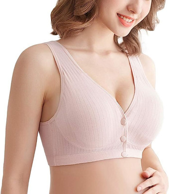 Wave Fashion Women's Maternity Button Front Nursing Bra Comfy Wireless Breastfeeding Bras Women Maternity/Nursing Lightly Padded Bra(Pink)