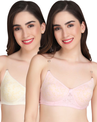 Liigne Printed Padded Bra (Pack Of 2) Women Full Coverage Lightly Padded Bra(Beige, Pink)