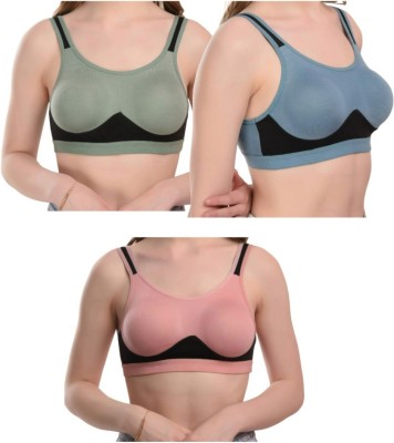 Liguria NON PADDED SPORTS BRA Women Full Coverage Non Padded Bra(Green, Pink, Blue)