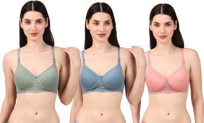 Piylu Seamless Molded Women Bralette Lightly Padded Bra(Green, Blue, Pink)