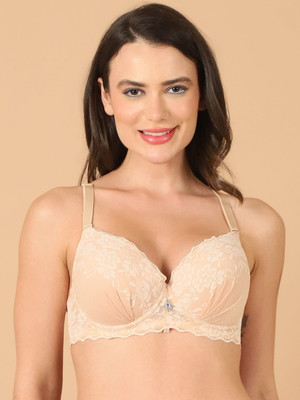 PrettyCat PrettyCat Women High Quality Floral Trim Lace T-Shirt Bra Women T-Shirt Lightly Padded Bra(Beige)