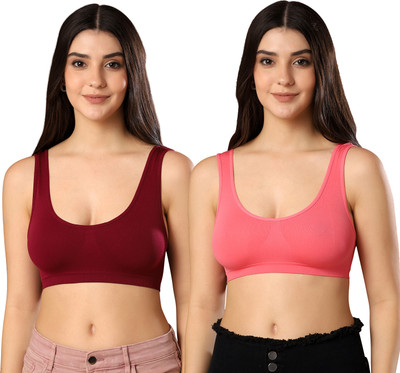 Paavki Women's Stretchable Hosiery Non-Padded Wired Free Full Coverage Sports Air Bra Women Sports Non Padded Bra(Maroon, Orange)