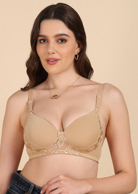 Dressberry Dressberry Lightly Padded Lace Bra Pack of 1 Women Bralette Lightly Padded Bra(Beige)