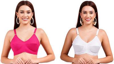 REAL SIGN Women Combo Full Coverage Cotton Non Padded Bra with Adjustable Straps Women Everyday Non Padded Bra(Pink, White)