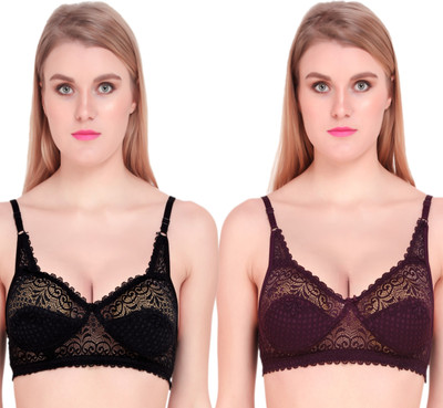 Fashion Frill Bras For Women Non-Padded Non-Wired Net Bra For Girls (Pack of 2) (Black,Purple) Women Full Coverage Non Padded Bra(Black, Purple)