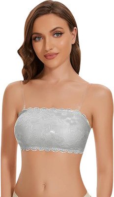 IndiRocks Women's Seamless Tube Bra - Lace - Stretchable - Transparent Straps Free Women Bandeau/Tube Lightly Padded Bra(Grey)