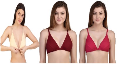 Desiprime Stylish B Cup Front Open Bra Set of 3 Women Plunge Non Padded Bra(Beige, Maroon, Red)