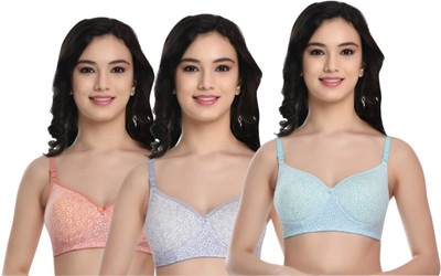 ellevia Women’s Non-Wired Printed Everyday Comfort Bra – Pack of 3 (Peach, Grey & Blue) Women Everyday Lightly Padded Bra(Orange, Light Blue, Grey)