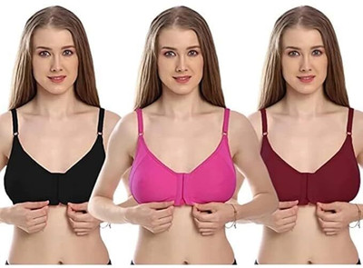 Feni Enterprise Women Cotton Full Coverage Non-Padded Front OpenBra (Pack of 3) Women Full Coverage Non Padded Bra(Multicolor)