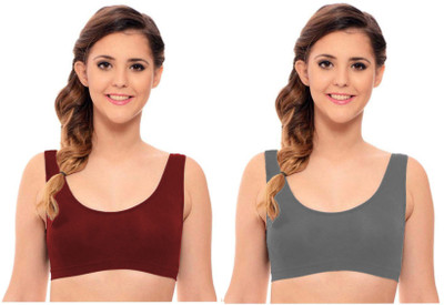 Bruzzline Pack of 2 Girls Stretchable Cotton sports non padded seamless sports gym bra Women Everyday Non Padded Bra(Grey, Maroon)