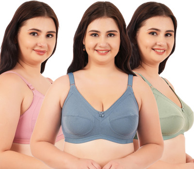 lufiya WOMEN BRA PACK OF 3 Women Full Coverage Non Padded Bra(Pink, Dark Blue, Dark Green)