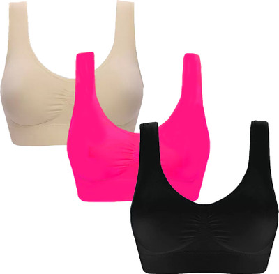 BRAAFEE Pack of 3 Girls Stretchable Cotton Air sports non padded seamless sports gym bra Women Sports Non Padded Bra(Multicolor)