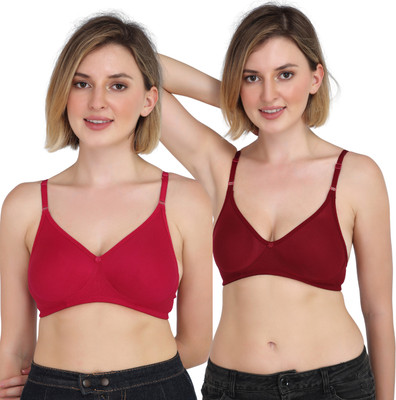 Aimly Aimly Women's Cotton Non-Padded Non-Wired Bra Rani Maroon 40 Pack of 2 Women T-Shirt Non Padded Bra(Pink, Maroon)