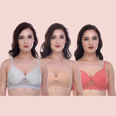 ellevia Pack of 3 Lightly Padded Non-Wired Lace Bra for Women | Cotton Blend Women Everyday Lightly Padded Bra(Grey, Pink, Beige)