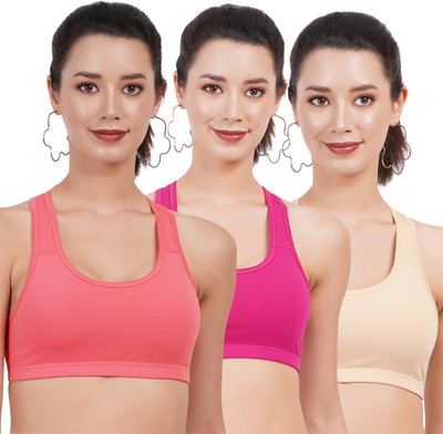 FigureFit SB10 Double Layered Women Sports Non Padded Bra(Red, Pink, Beige)