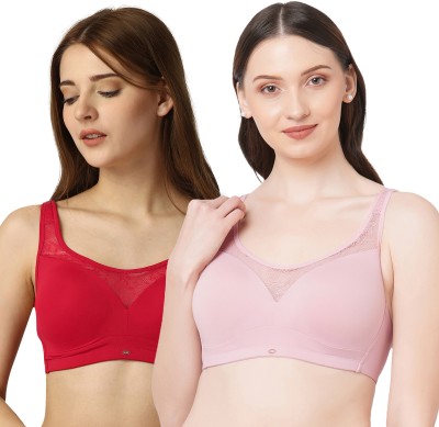 SOIE Full Coverage Padded Non Wired Lace Detail Cami Bra Combo (Pack of 2) Women T-Shirt Lightly Padded Bra(Red, Pink)