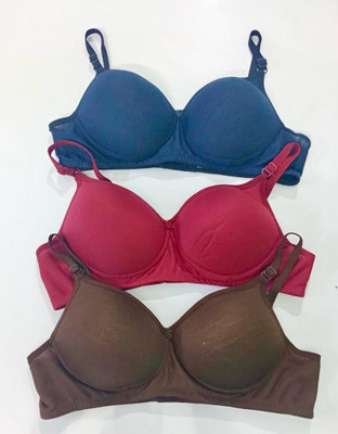 FK FASHION Women's Cotton Padded Full Coverage Bra with Adjustable Straps Combo Pack of 3 Women T-Shirt Lightly Padded Bra(Maroon, Dark Blue, Brown)