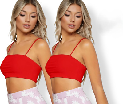 Maitri Pack of 2 Women's Spaghetti Strap Sleeveless Cropped Cami Top Women Everyday Lightly Padded Bra(Red)