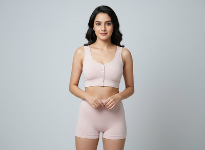 Lingerie Park Front Button Closure Patterns Soft Elastic Thin No Wire Lace Wide Shoulder Strap Women Sports Lightly Padded Bra(Pink)