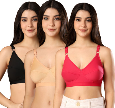 Paavki Pack of 3 PC Cotton Elastane Stretch Wire Free Non Padded Full Coverage Bra Women Everyday Non Padded Bra(Black, Beige, Red)