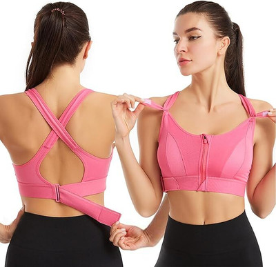 EYEOFPANTHER Women Front Open Zipper Zip Clouser Sport Bra Women Sports Lightly Padded Bra(Red)