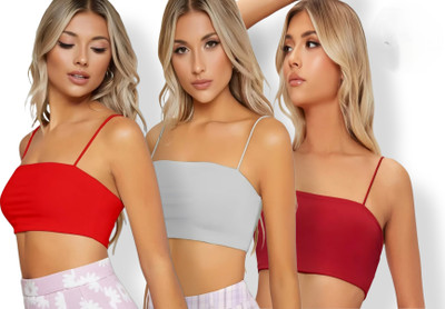 SHOWSTOPPER HUB Pack of 3 Women's Spaghetti Strap Sleeveless Cropped Cami Top Women Everyday Lightly Padded Bra(Multicolor)