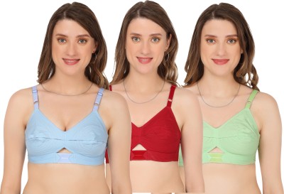 Corwin International Comfortable round stitch bra Combo set for women center elastic cotton bra Women Full Coverage Non Padded Bra(Green, Red, Blue)