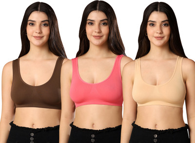 Paavki Women's Stretchable Hosiery Non-Padded Wired Free Full Coverage Sports Air Bra Women Sports Non Padded Bra(Brown, Beige, Pink)