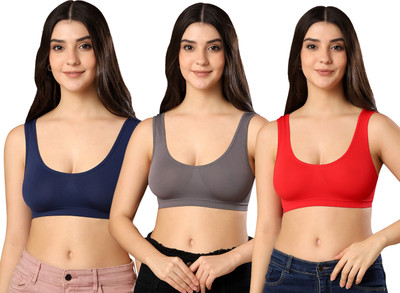 Paavki Women's Stretchable Hosiery Non-Padded Wired Free Full Coverage Sports Air Bra Women Sports Non Padded Bra(Dark Blue, Grey, Red)