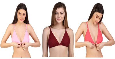 Desiprime Stylish B Cup Front Open Bra Set of 3 Women Plunge Non Padded Bra(Pink, Maroon, Orange)