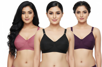 Wink And Wear Women's Cotton Blend Non-Padded Wirefree T-Shirt Bra Combo Women Full Coverage Lightly Padded Bra(Purple, Black)