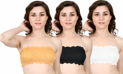 JUSTFABS Women Transparent Straps Tube Top Lace Net Bra / Bralette With Pad Women Bandeau/Tube Lightly Padded Bra(Beige, Black, White)