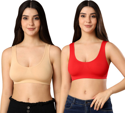 Paavki Women's Stretchable Hosiery Non-Padded Wired Free Full Coverage Sports Air Bra Women Sports Non Padded Bra(Beige, Red)