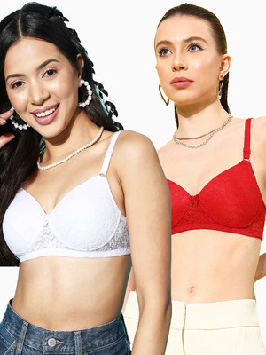 LEADING LADY Leading Lady Women's Printed Lightly Padded Lace Bra Pack of 2 Women T-Shirt Lightly Padded Bra(White, Red)