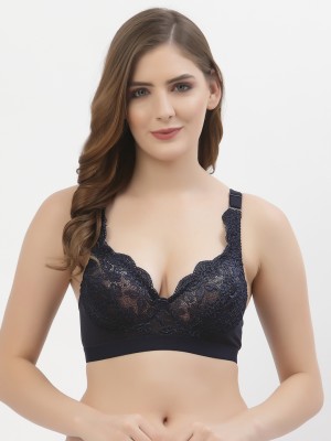 Floret Double Layer Seamed-Cups Bra Non Padded & Full Coverage Lace Bra Women Full Coverage Non Padded Bra(Dark Blue)