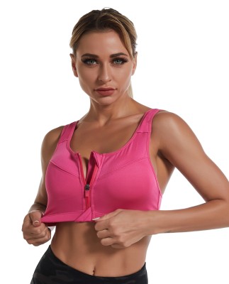 PLUMBURY Padded Front Zipper Sports Bra Women Sports Lightly Padded Bra(Pink)