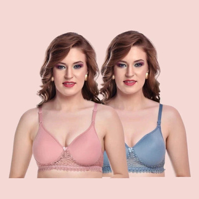 ellevia Pack of 2 Lightly Padded Non-Wired Lace Bra for Women | Cotton Blend Women Everyday Lightly Padded Bra(Blue, Pink)