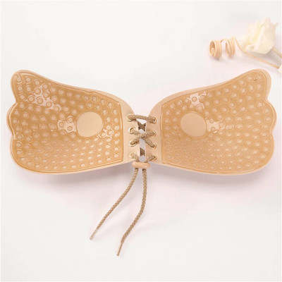 FIMBUL Lace-Up Invisible Stick-On Bra Women Push-up Lightly Padded Bra(Beige)