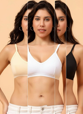 TrybeX Solid Full Coverage Non Padded Wireless Cotton Sports Bra for Gym Workout Combo Women Sports Non Padded Bra(Beige, Black, White)