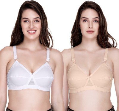 SONA Cross Fit Full Support Cotton Bra- Non Padded, Wireless, Full Coverage Bra Women Minimizer Non Padded Bra(White, Beige)