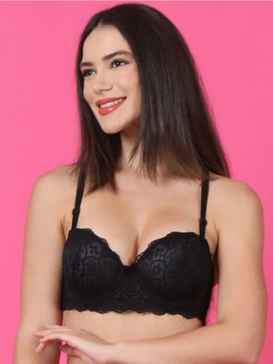 Kamini (2021) Women Underwire Balconette Lace Bra Women Balconette Lightly Padded Bra(Black)