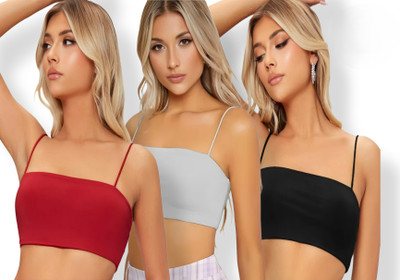 SHOWSTOPPER HUB Pack of 3 Women's Spaghetti Strap Sleeveless Cropped Cami Top Women Everyday Lightly Padded Bra(Multicolor)
