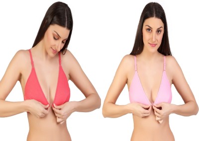 Desiprime Stylish B Cup Front Open Bra Set of 2 Women Plunge Non Padded Bra(Orange, Pink)