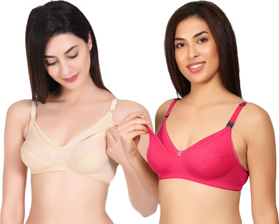 Auletics Women's Cotton Nursing Maternity Breastfeeding Full Coverage Bra Women Maternity/Nursing Non Padded Bra(Beige, Pink)